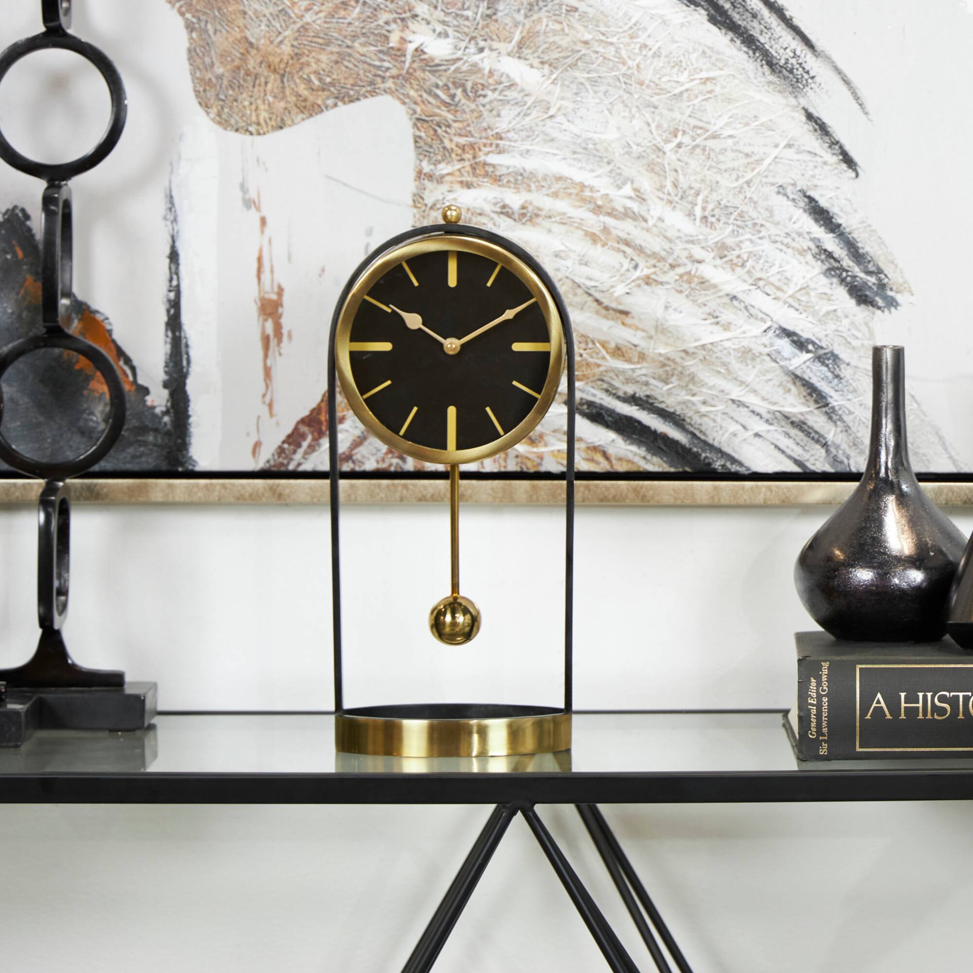 15" Gold Aluminum Tall Clock with Swinging Ball Pendulum
